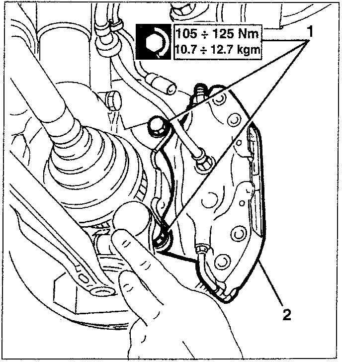 Diagram showing brake caliper with torque specification 105 ÷ 125 Nm and 10.7 ÷ 12.7 kgm, with parts labeled 1 and 2.