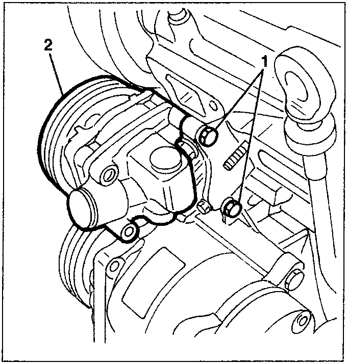Rear power steering pump with screws labeled 1 and 2