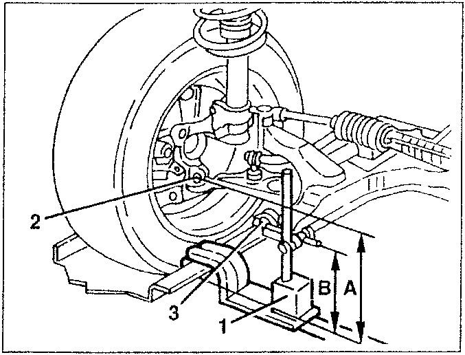Front wheel alignment measurement setup showing reference tool, surface gauge, and points A and B on steering knuckle and wishbone pin.
