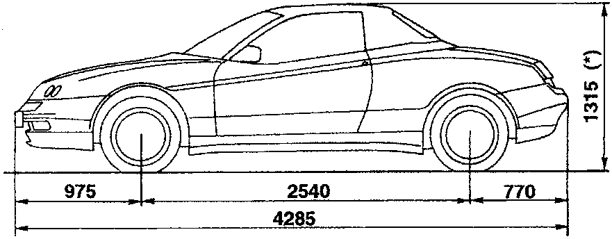 Side view of vehicle with dimensions: front overhang 975, wheelbase 2540, rear overhang 770, total length 4285, height 1315