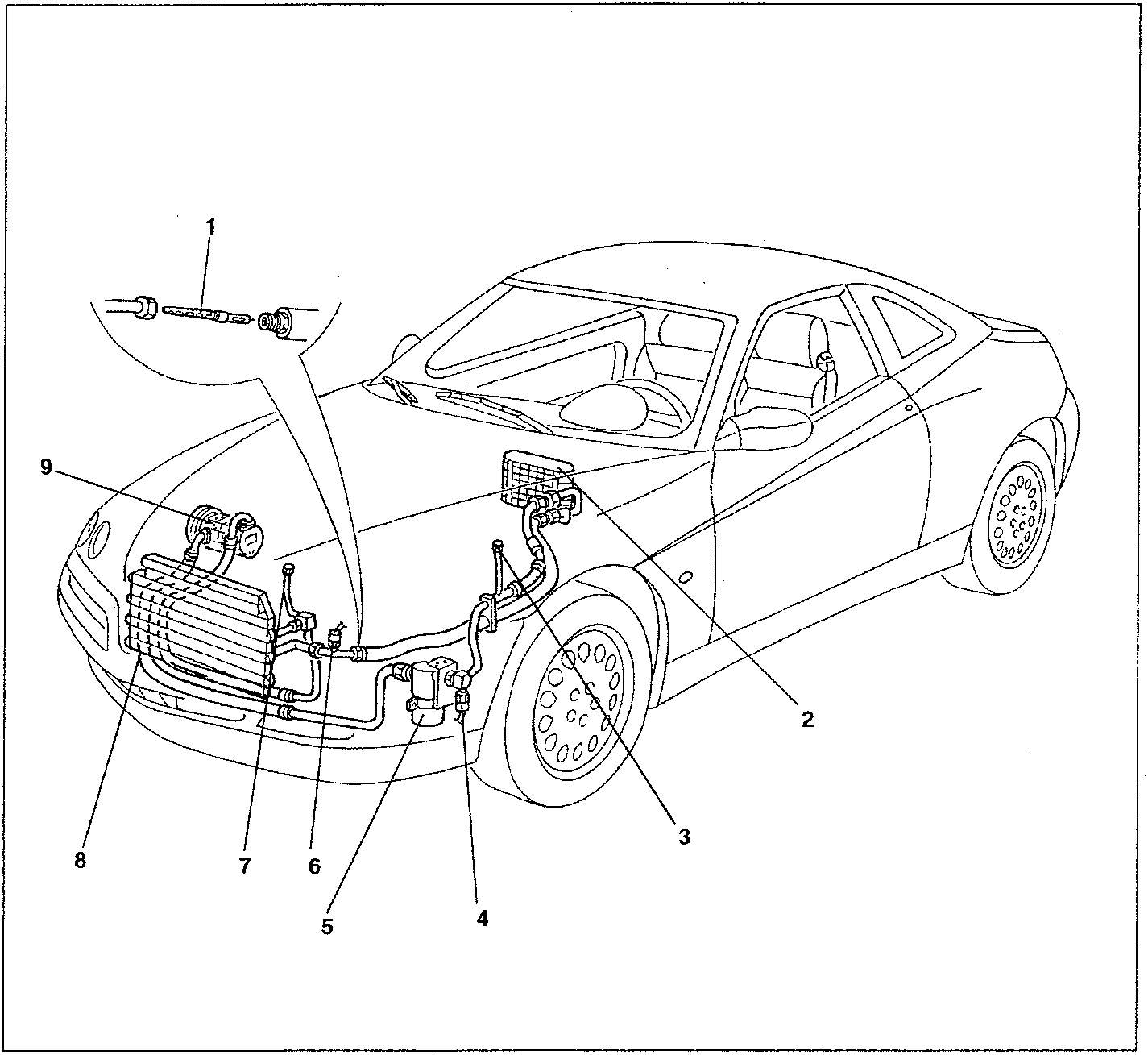 Line drawing of a car with numbered components in the heating and ventilation system.