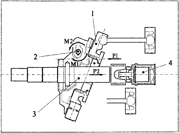 Mechanical diagram showing components 1, 2, 3, 4, P1, P2, M1, M2 with arrows indicating forces and movements.