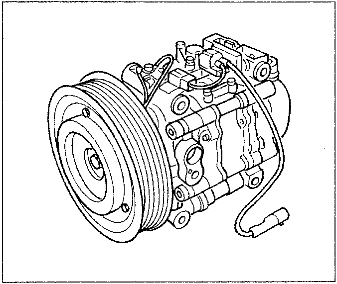 Illustration of a compressor unit with pulley, hoses, and mounting points.