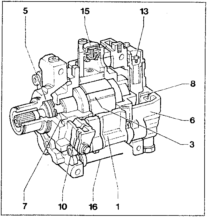 Compressor assembly diagram showing body, chamber, blades, hub, covers, unions, duct, reed valve, temperature contact, and pressure regulator.