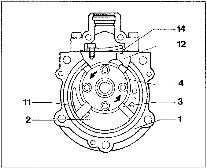 Cross-section view of compressor showing blades, hub, chamber, slot, duct, and reed valve.