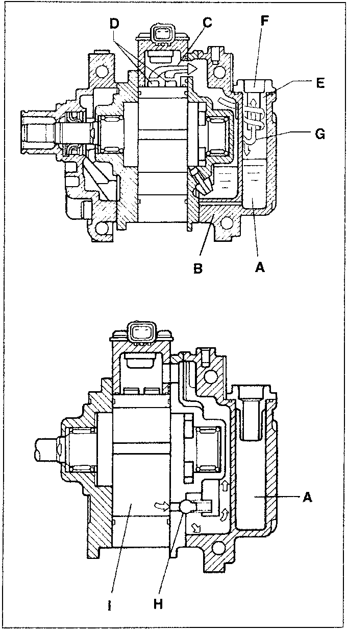 Compressor assembly diagram showing labeled parts A through I.