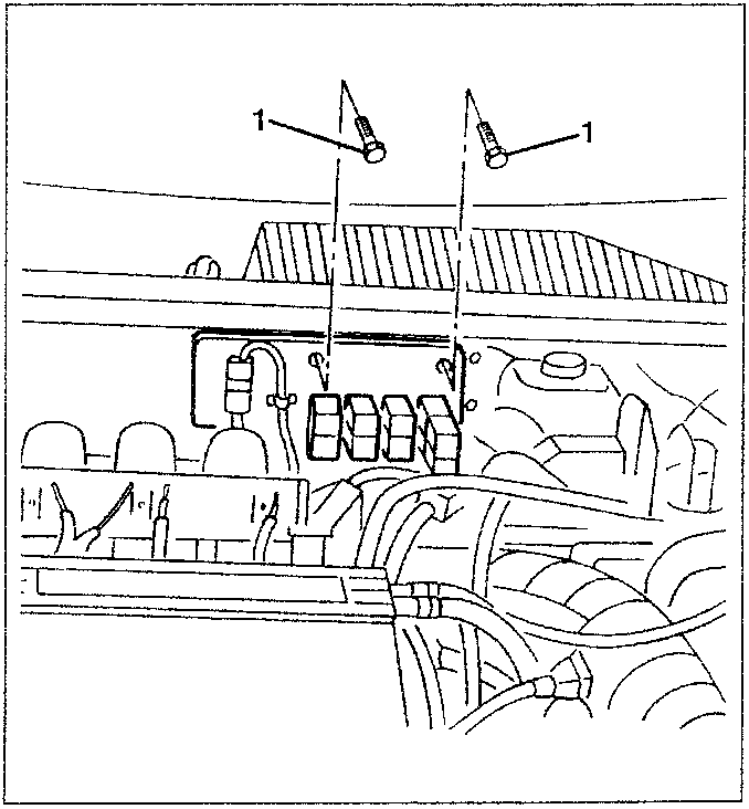 Engine compartment showing bracket for injection relays and fuses disconnection points