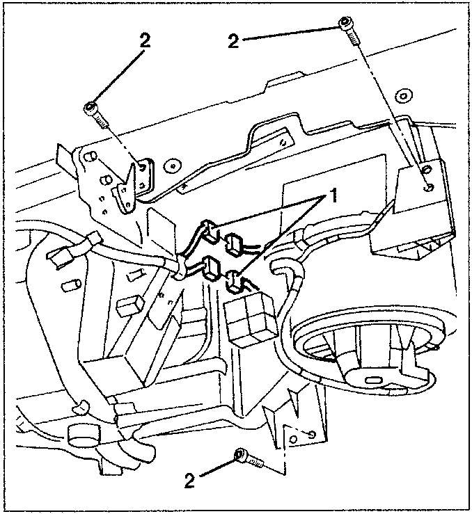 Diagram showing the climate control unit with screws labeled 1 and 2, indicating the left-hand side screw to be slackened.