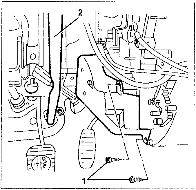 Radiator and heater removal diagram showing numbered parts 1 and 2.