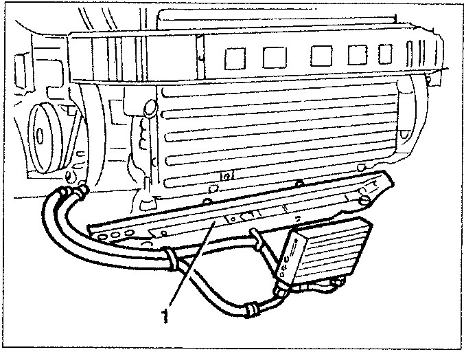 Condenser unit with coolant pipe and evaporator pipe disconnected, showing numbered part 1