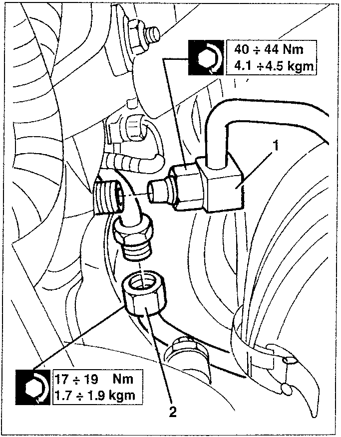Close-up of fittings with torque specifications: 40 ÷ 44 Nm and 17 ÷ 19 Nm