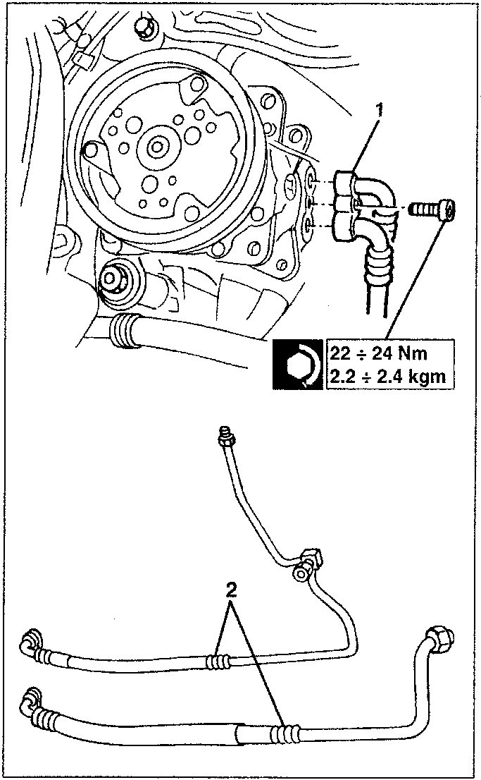 Diagram showing compressor with pipe connections, labeled parts 1 and 2, with torque specifications 22 ÷ 24 Nm and 2.2 ÷ 2.4 kgm.