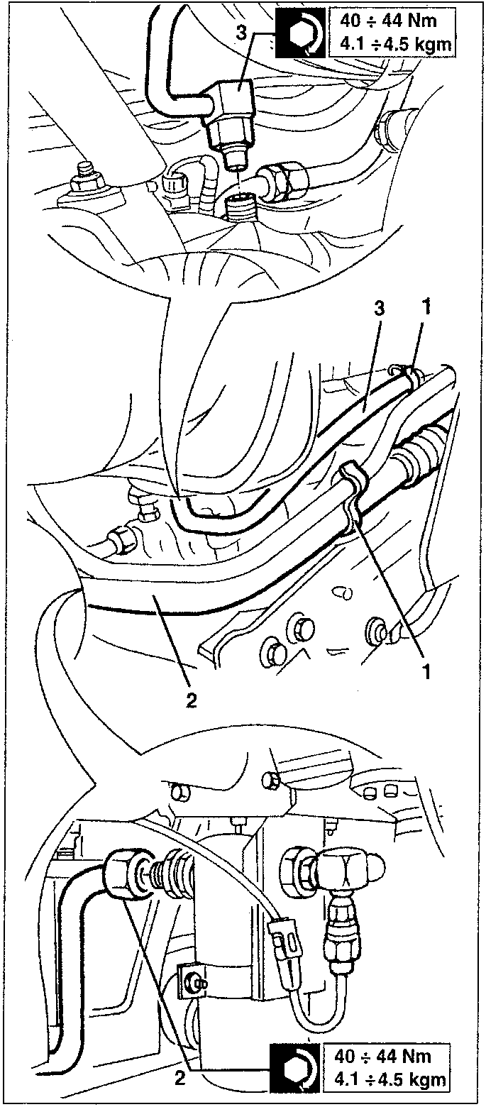 Diagram showing compressor pipes with torque specifications 40 ÷ 44 Nm and 4.1 ÷ 4.5 kgm, labeled parts 1, 2, and 3.