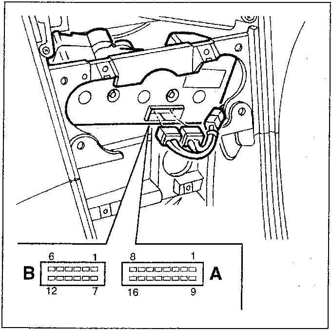 ECU connector A and B with pin assignments shown in diagram