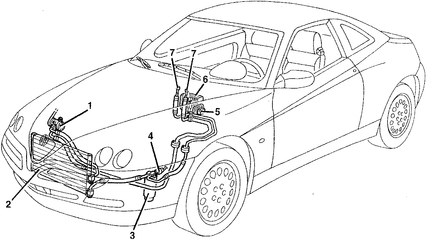Line drawing of a car showing component locations with numbered callouts