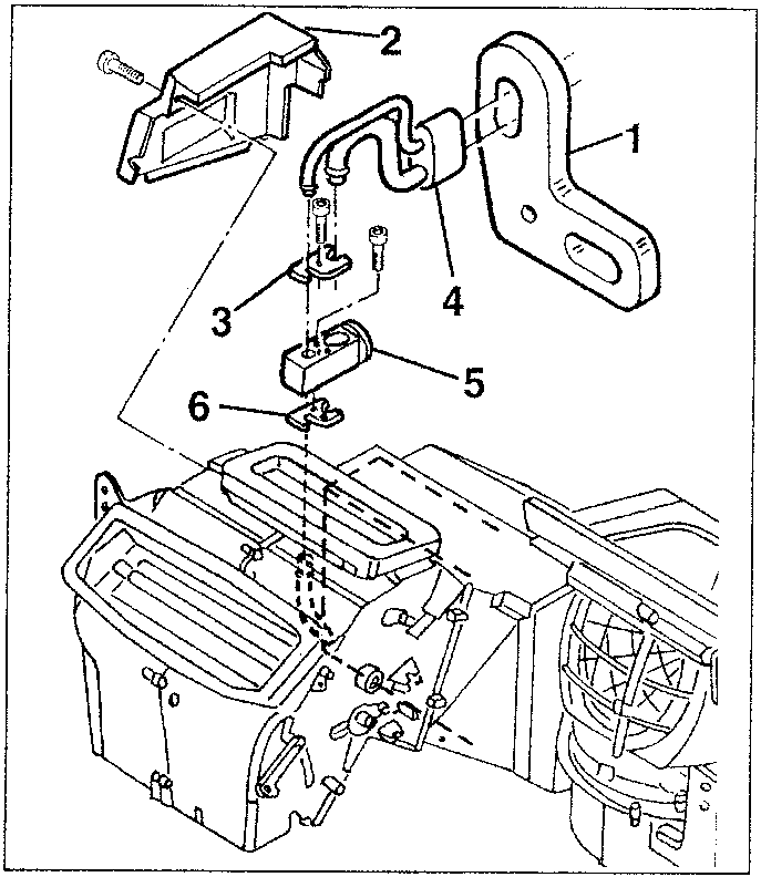 Diagram showing components of the expansion valve and evaporator assembly with numbered parts