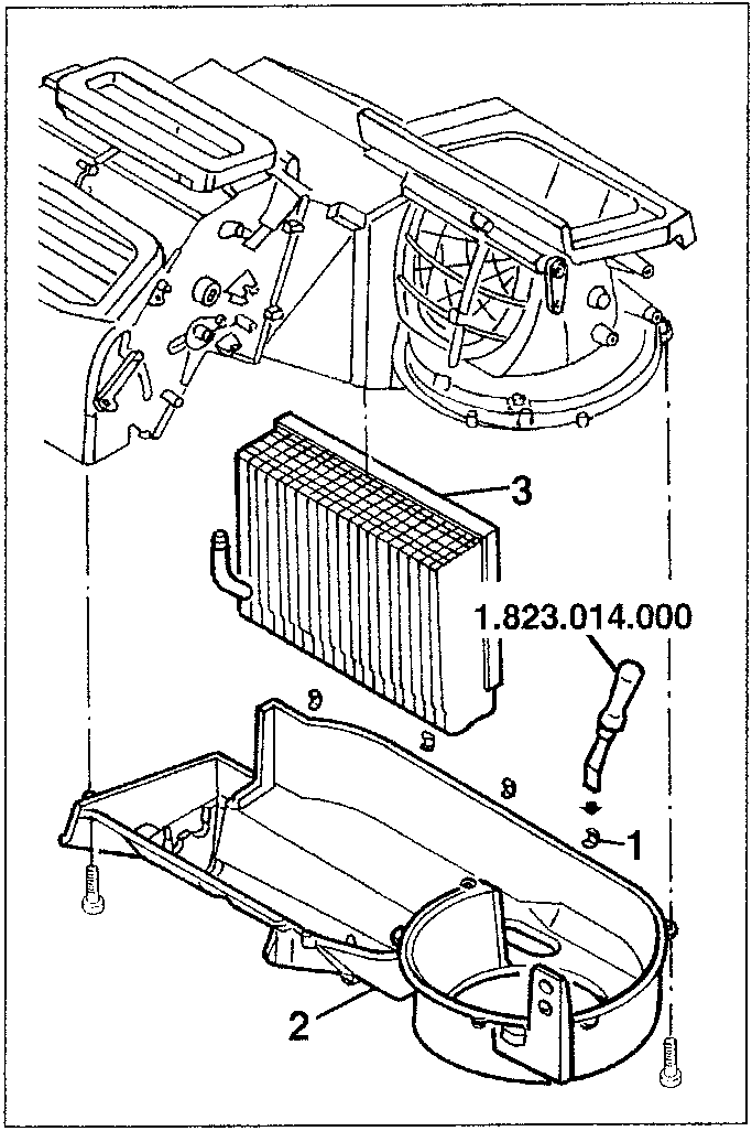 Diagram showing disassembly of air conditioning components including rubber guard, seal, fastening screw, air manifold, and recirculation flap.