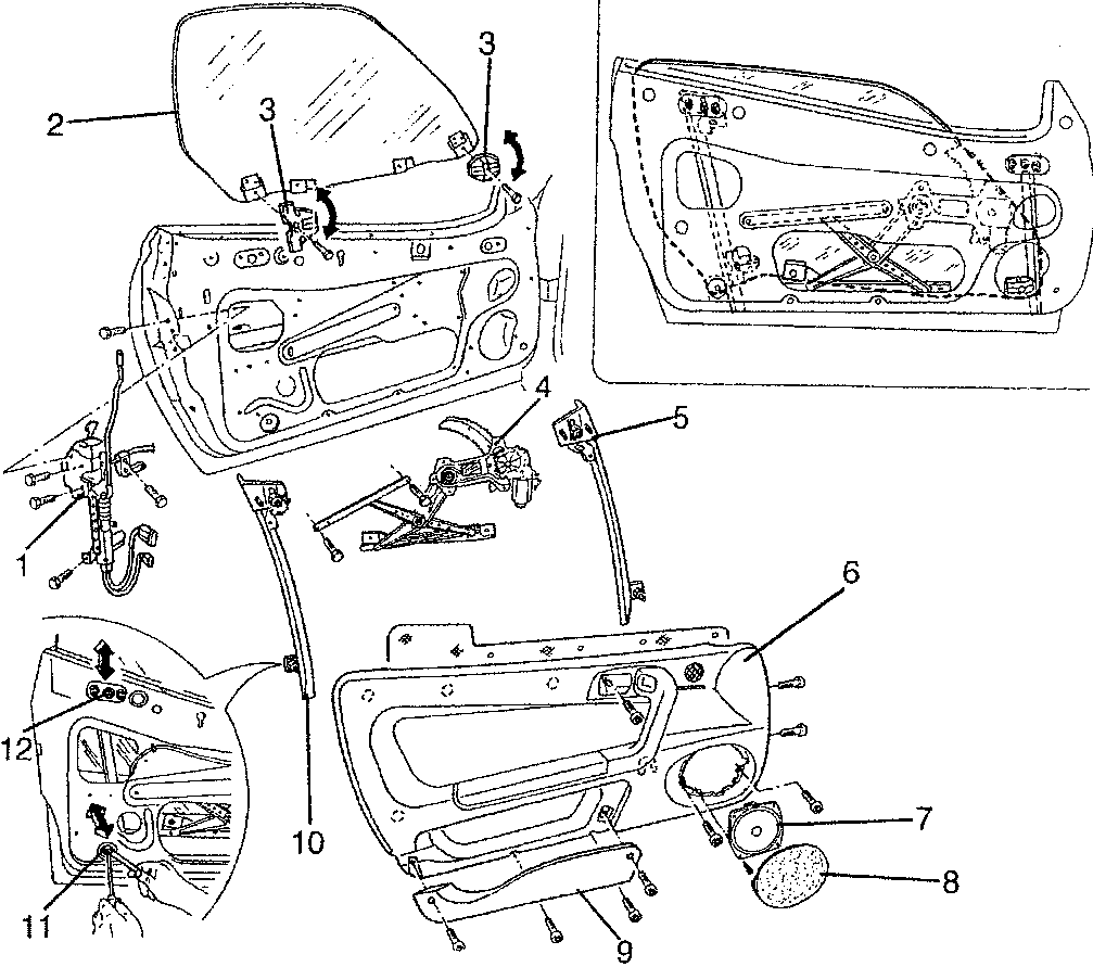 Diagram showing components of a car door including glass, pads, window winding device, front and rear guides, door panel, speaker, plate, door utility compartment, guide crosswise adjustment, and glass vertical stroke adjustment.