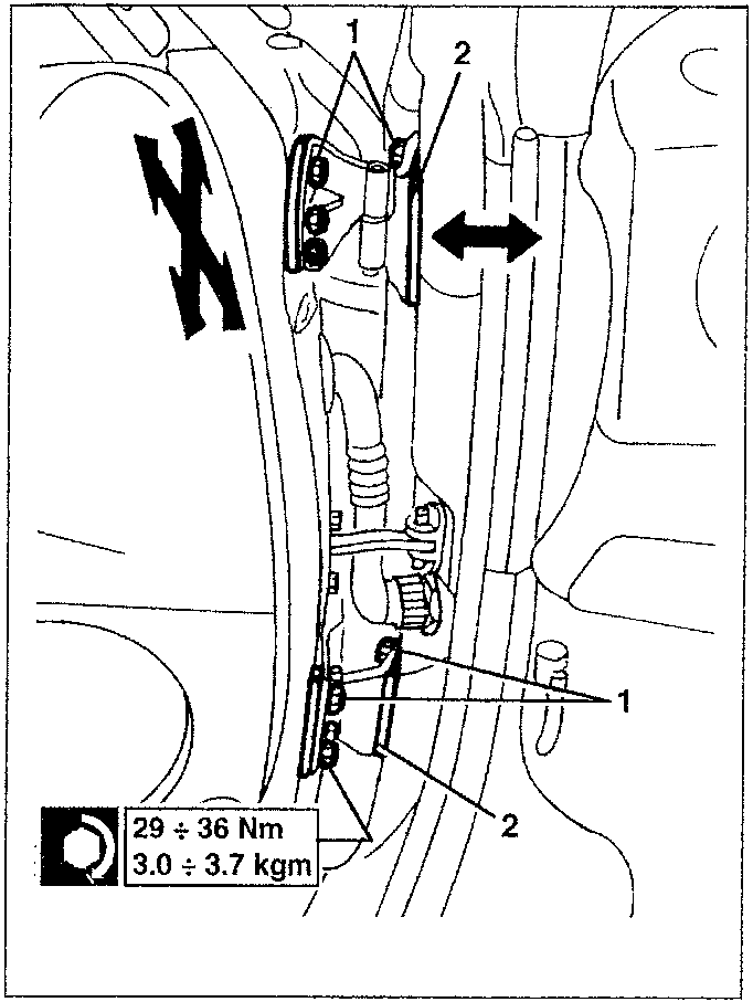 Diagram showing hinge adjustment with arrows and torque specification