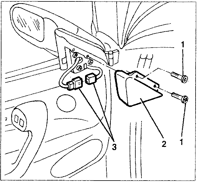 Diagram showing door mirror components with labeled parts 1, 2, and 3