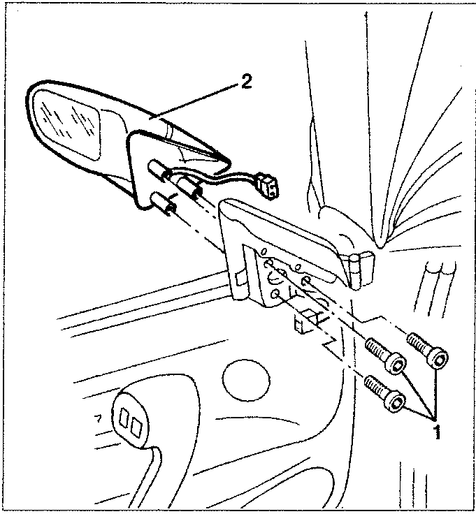 Diagram showing door mirror being removed with labeled parts 1 and 2