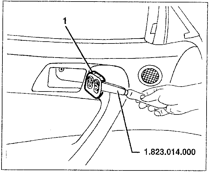 Diagram showing a hand using tool 1.823.014.000 to remove a power window switch assembly from the door panel.