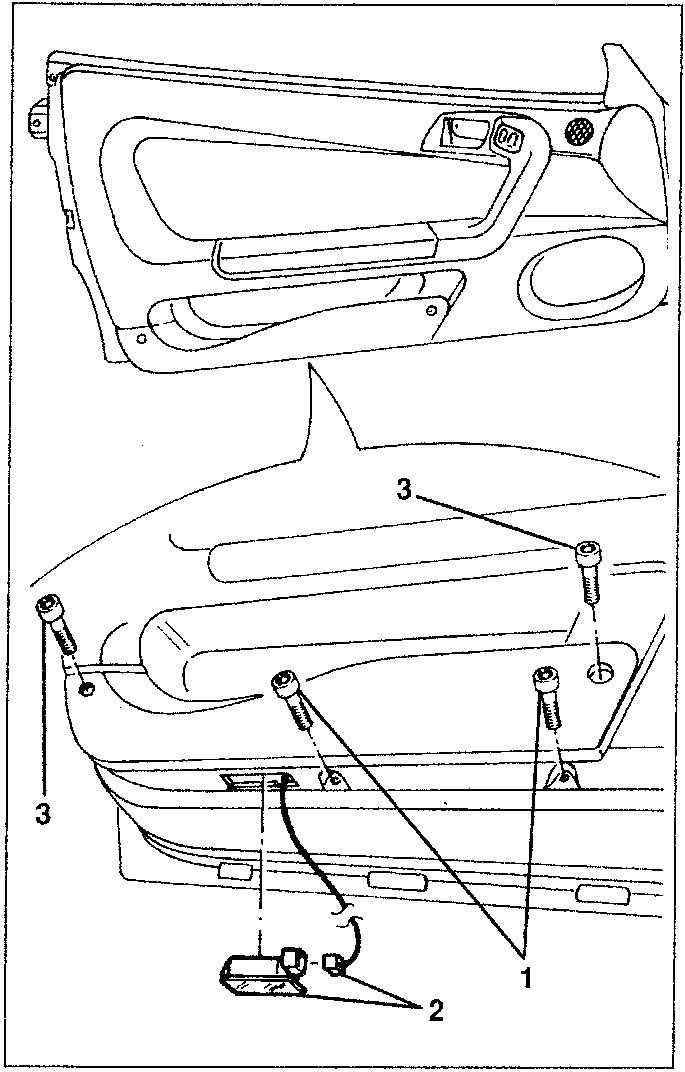 Diagram showing door panel removal with labeled parts 1, 2, and 3 indicating electrical connections, lamp, and screws respectively.