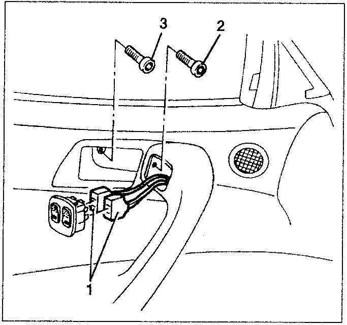 Diagram showing screws 1, 2, and 3 located near the power window switches and door handle.