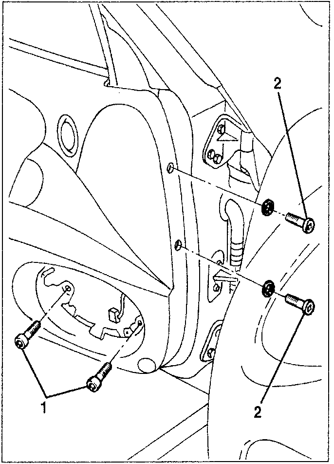 Diagram showing screws labeled 1 and 2 in a door panel area.