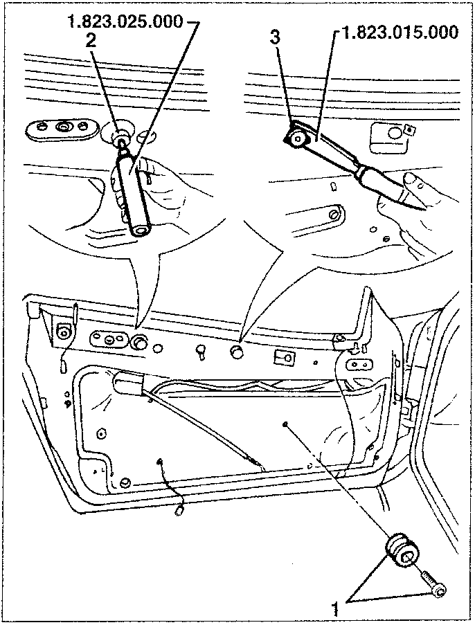 Diagram showing tools 1.823.025.000 and 1.823.015.000 being used to press out and remove pins from a door panel.