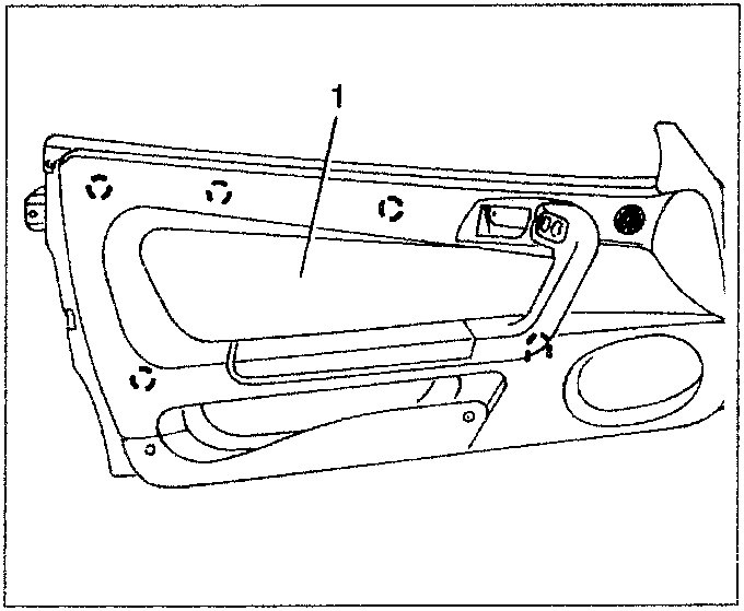 Diagram showing a door panel with a handle and various cutouts, labeled 1.