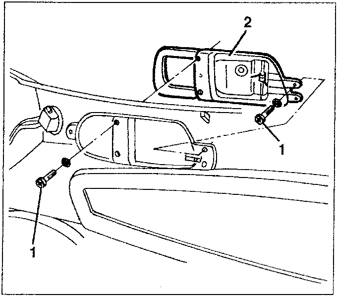 Diagram showing door handle removal with labeled parts 1 and 2
