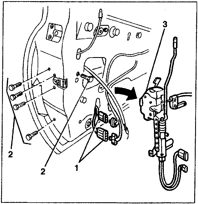 Diagram showing disconnection of electrical connections and removal of lock device from inside door, with parts labeled 1, 2, and 3