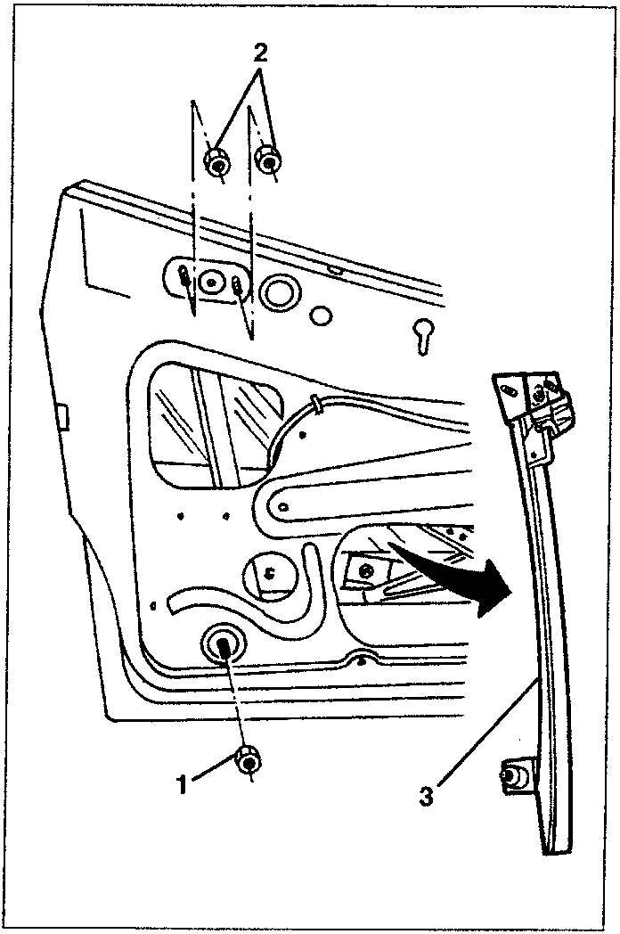 Diagram showing removal of window guides with parts labeled 1, 2, and 3