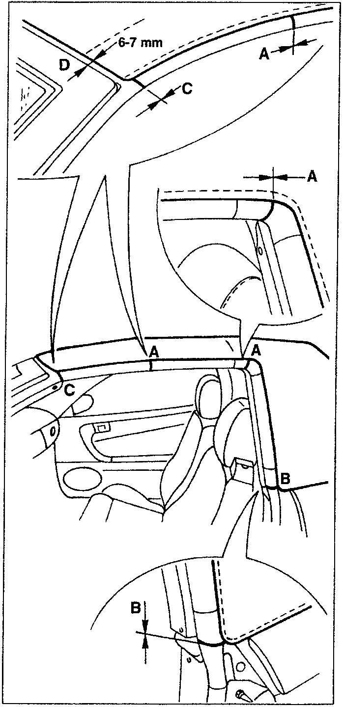 Diagram showing hood seal, door surround seal, windscreen pillar seal, and window gap measurements