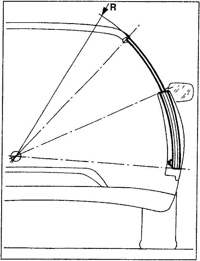 Diagram showing door frame and window guide with R arrow