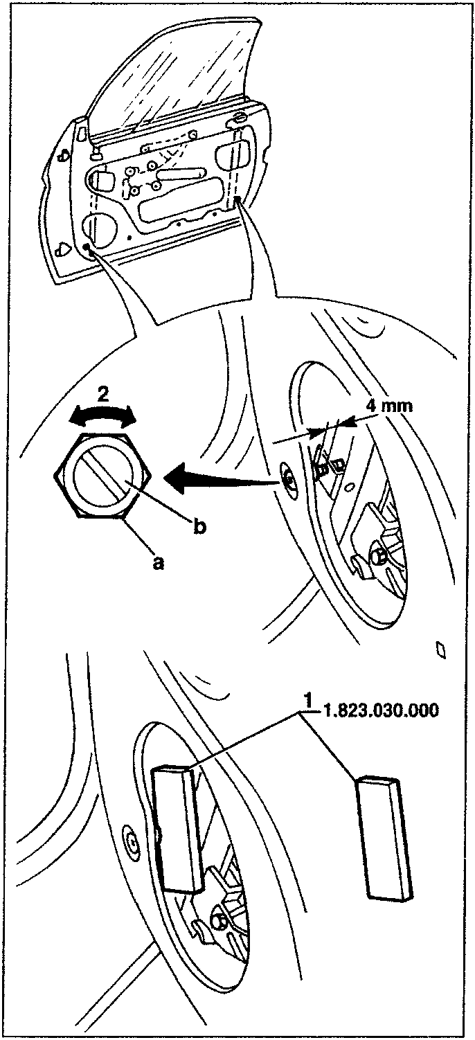 Diagram showing door panel removal with tool kit 1.823.030.000 and nuts a and b