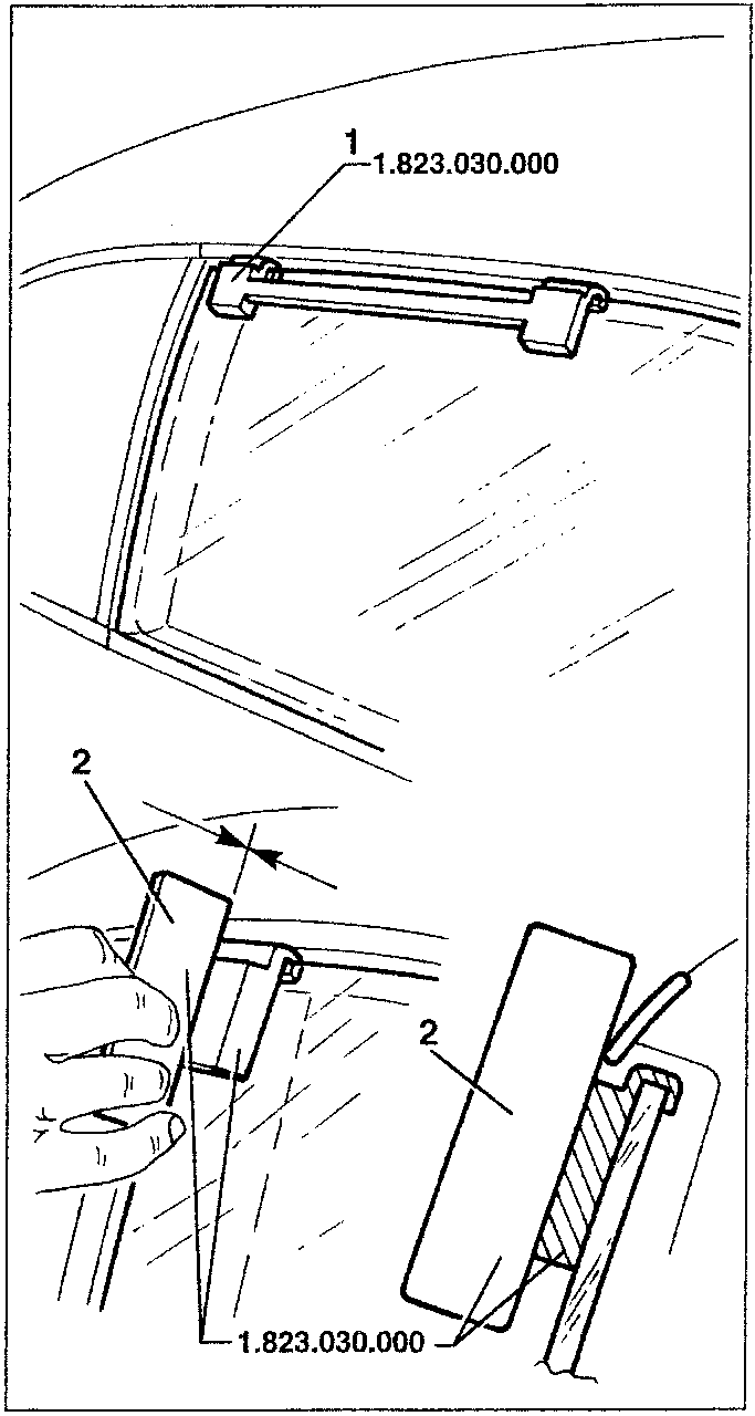 Diagram showing tool 1.823.030.000 positioned on upper profile of glass and a hand using tool 2 to check alignment