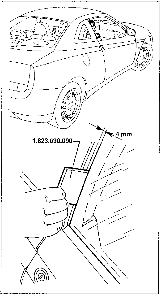 Diagram showing a hand using gauge tool 1.823.030.000 to measure 4 mm gap between window edge and fixed glass profile.