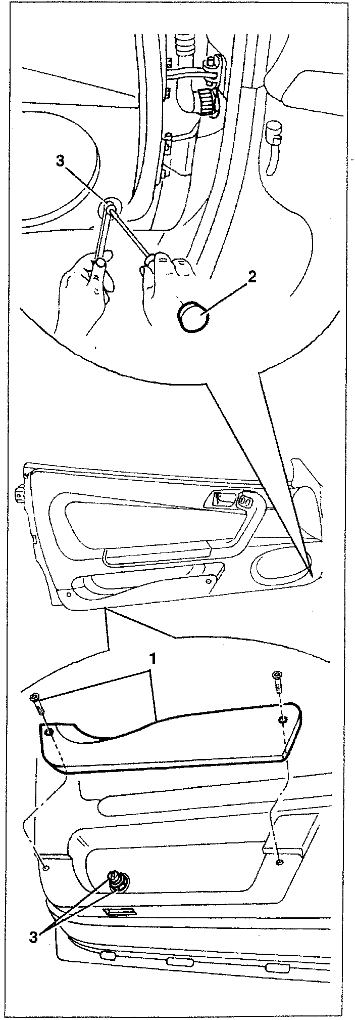 Diagram showing hands working on a door window adjustment mechanism with labeled parts 1, 2, and 3. Part 1 is a door panel section, part 2 is a lock nut, and part 3 is an adjustment screw being turned with a tool.