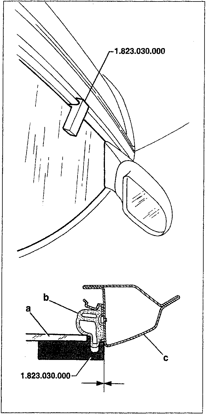 Diagram showing window adjustment with parts labeled a. Window, b. Seal, c. Windscreen pillar and gauge 1.823.030.000