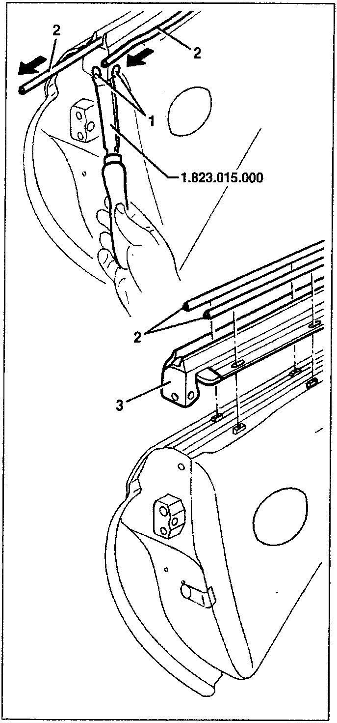 Diagram showing the window wiper seal removal with tool 1.823.015.000 and parts labeled 1, 2, and 3