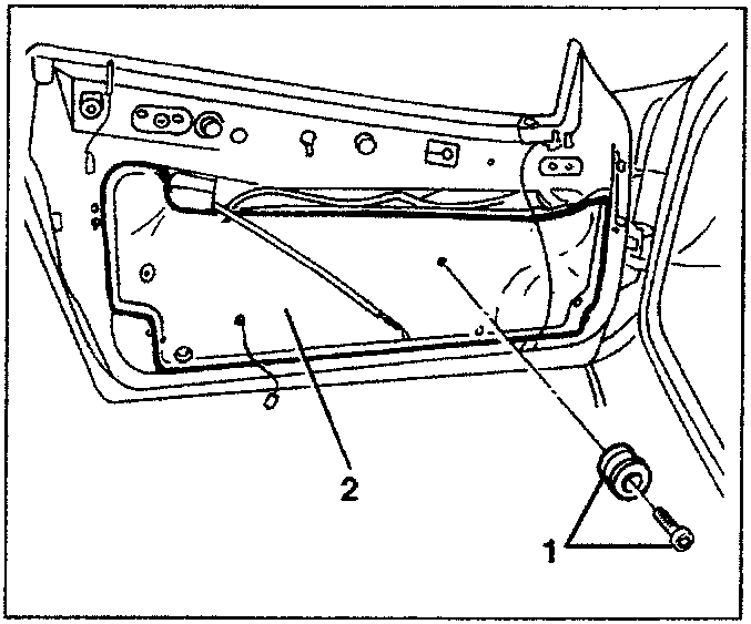 Diagram showing removal of cam retaining bolt and up-down device cam from door panel.