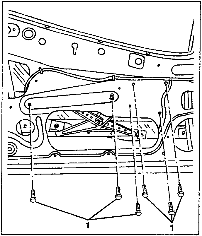 Diagram showing the electric window device with six bolts labeled 1