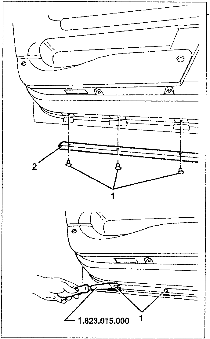 Door lower moulding removal diagram showing tool 1.823.015.000 removing fasteners