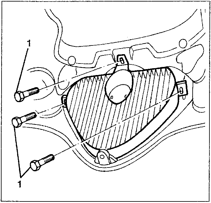 Diagram showing three screws (labeled 1) securing a shield to a car's front panel.