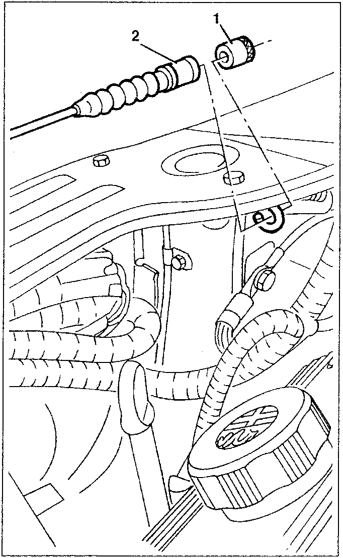 Diagram showing a bonnet opening control cable (labeled 1) and its connection point (labeled 2) to a locking lever in the engine compartment.