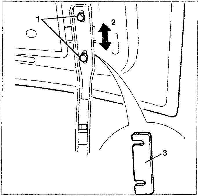 Diagram showing adjustment of boot lid hinge with arrows indicating movement and labeled parts 1, 2, and 3.