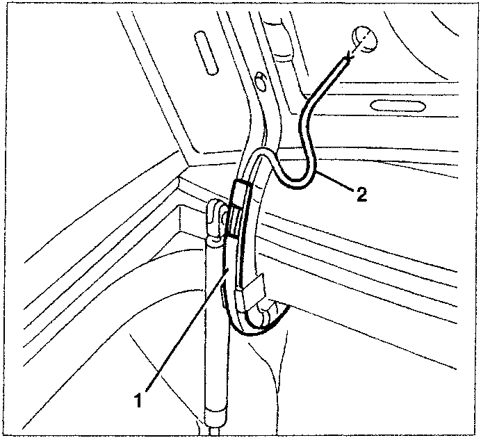 Diagram showing wiring disconnected from lock unit labeled 2 and bonnet hinge area labeled 1.