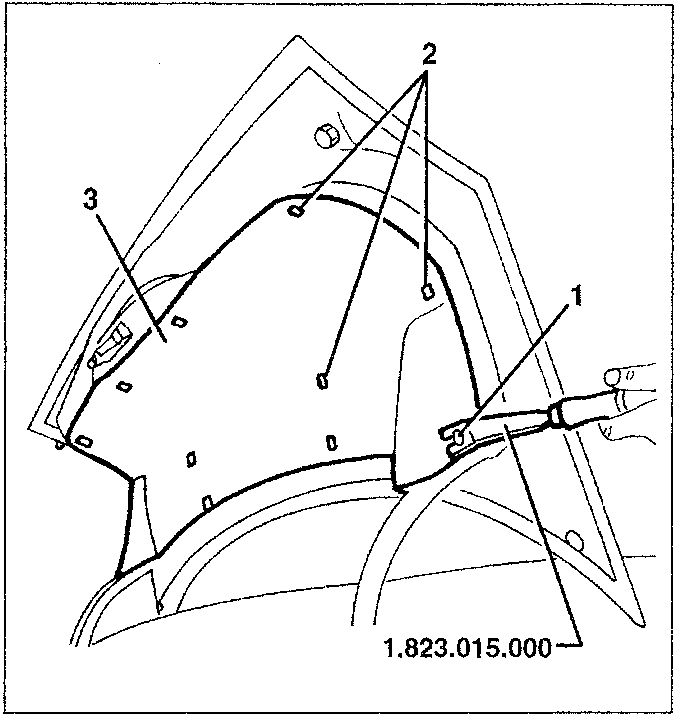 Diagram showing removal of inner trim with tool 1.823.015.000, labeled parts 1, 2, and 3.